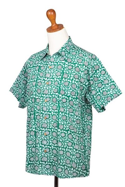 Alternate image for Mens Button-Up Cotton Shirt from India Aqua Lotus