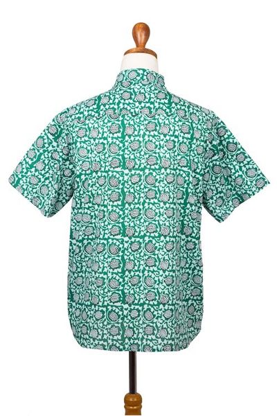 Alternate image for Mens Button-Up Cotton Shirt from India Aqua Lotus