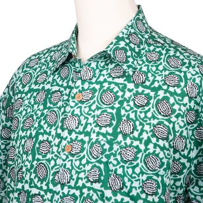 Alternate image for Mens Button-Up Cotton Shirt from India Aqua Lotus