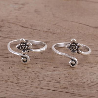 Alternate image for Flower Motif Toe Rings Handmade in Sterling Silver Pair Flower and Swirl