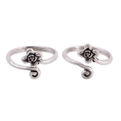 Alternate image for Flower Motif Toe Rings Handmade in Sterling Silver Pair Flower and Swirl