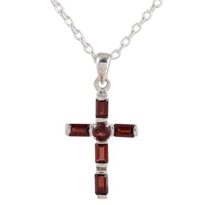 Alternate image for Garnet and Sterling Silver Cross Necklace from India Deep Crimson Cross