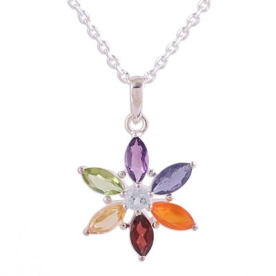 Alternate image for Multi-Gemstone Floral Pendant Necklace from India Floral Chakra