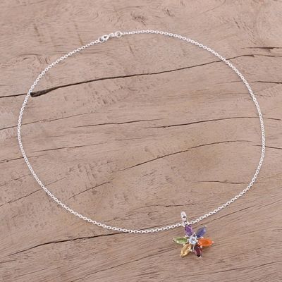 Alternate image for Multi-Gemstone Floral Pendant Necklace from India Floral Chakra