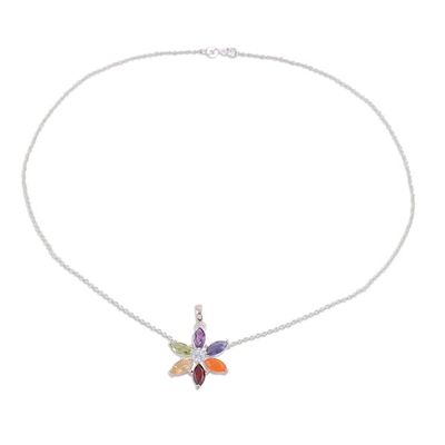 Alternate image for Multi-Gemstone Floral Pendant Necklace from India Floral Chakra