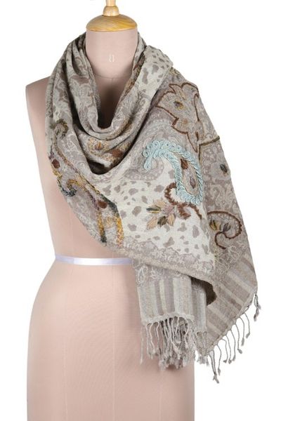 Alternate image for Hand-Embroidered Fringed Wool Shawl Paisley Day