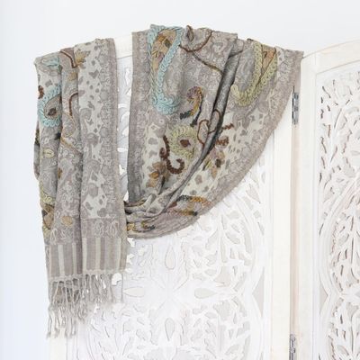 Alternate image for Hand-Embroidered Fringed Wool Shawl Paisley Day