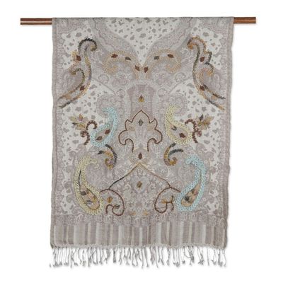 Alternate image for Hand-Embroidered Fringed Wool Shawl Paisley Day