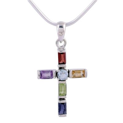 Alternate image for Handmade Multigem Cross Sterling Silver Religious Choker Kolkata Cross
