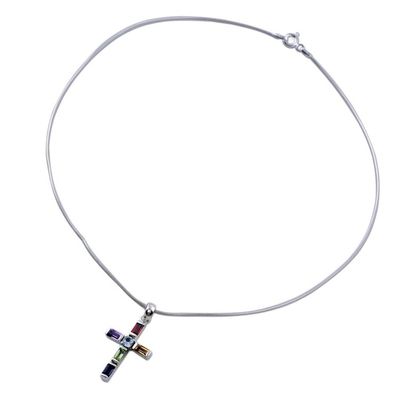 Alternate image for Handmade Multigem Cross Sterling Silver Religious Choker Kolkata Cross