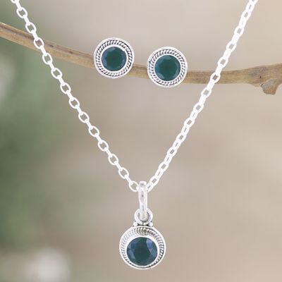 Alternate image for Sterling Silver and Green Onyx Necklace and Earrings Sparkling Green