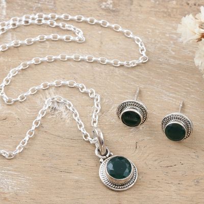 Alternate image for Sterling Silver and Green Onyx Necklace and Earrings Sparkling Green