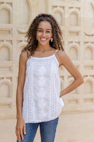 Alternate image for Floral Embroidered White Cotton Tank Top from India Beautiful Summer