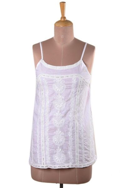 Alternate image for Floral Embroidered White Cotton Tank Top from India Beautiful Summer