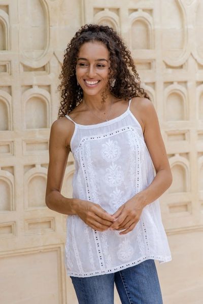 Alternate image for Floral Embroidered White Cotton Tank Top from India Beautiful Summer