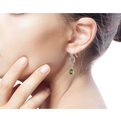 Alternate image for Silver and Peridot Dangle Earrings Crafted in India Lime Knot