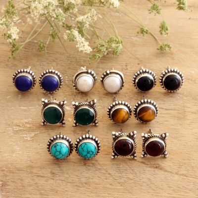 Alternate image for Handmade Multi-Gemstone Stud Earrings Set of 7 Everyday Looks