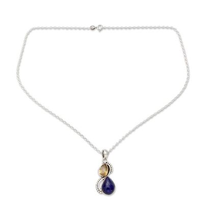 Alternate image for India Silver and Lapis Lazuli Necklace with Faceted Citrine Two Teardrops