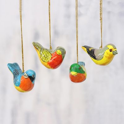 Alternate image for Four Colorful Papier Mache Bird Ornaments from India Chirping Sparrows