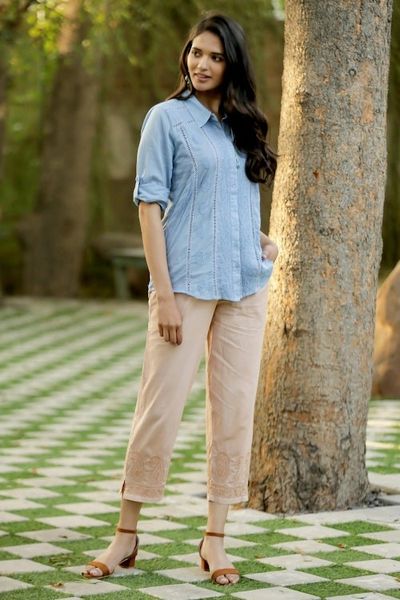 Alternate image for All Cotton Embroidered Cropped Pants with Drawstring Waist Paisley Days