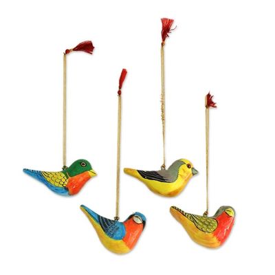 Alternate image for Four Colorful Papier Mache Bird Ornaments from India Chirping Sparrows