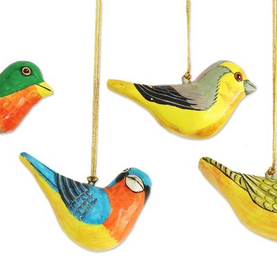 Alternate image for Four Colorful Papier Mache Bird Ornaments from India Chirping Sparrows