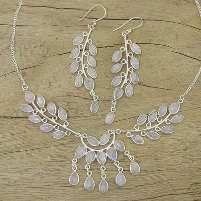 Alternate image for Rainbow Moonstone and Sterling Silver Jewelry Set Falling Leaves
