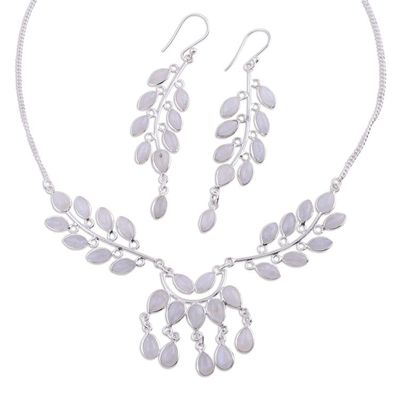 Alternate image for Rainbow Moonstone and Sterling Silver Jewelry Set Falling Leaves
