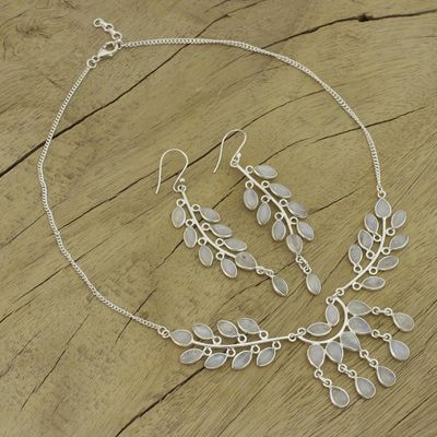 Alternate image for Rainbow Moonstone and Sterling Silver Jewelry Set Falling Leaves