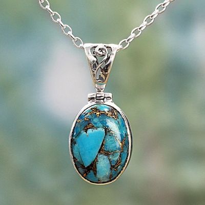 Alternate image for Blue Turquoise Sterling Silver Pendant Necklace India Mystical Blue