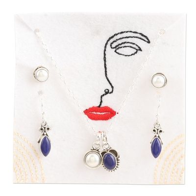 Alternate image for Handmade Cultured Pearl and Lapis Lazuli Jewelry Set Ocean Treasure