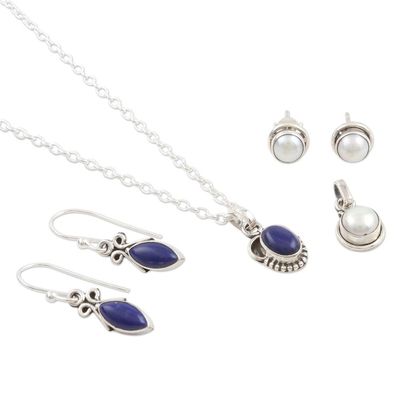 Alternate image for Handmade Cultured Pearl and Lapis Lazuli Jewelry Set Ocean Treasure