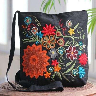 Alternate image for Floral Embroidery on Black Cotton Blend Shoulder Bag Tropical Paradise