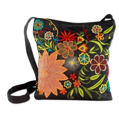 Alternate image for Floral Embroidery on Black Cotton Blend Shoulder Bag Tropical Paradise