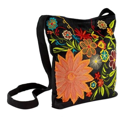 Alternate image for Floral Embroidery on Black Cotton Blend Shoulder Bag Tropical Paradise