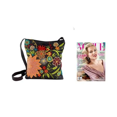 Alternate image for Floral Embroidery on Black Cotton Blend Shoulder Bag Tropical Paradise