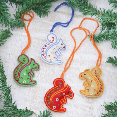 Alternate image for Assorted Color Squirrel Ornaments in Wool Felt Set of 4 Squirrel Greetings