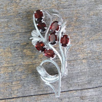 Alternate image for Sterling Silver Brooch Pin with Garnets Handcrafted in India Crimson Bouquet