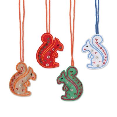 Alternate image for Assorted Color Squirrel Ornaments in Wool Felt Set of 4 Squirrel Greetings