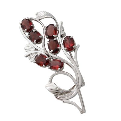 Alternate image for Sterling Silver Brooch Pin with Garnets Handcrafted in India Crimson Bouquet