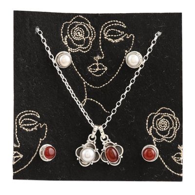 Alternate image for Hand Crafted Carnelian and Cultured Pearl Jewelry Set Gorgeous Harmony