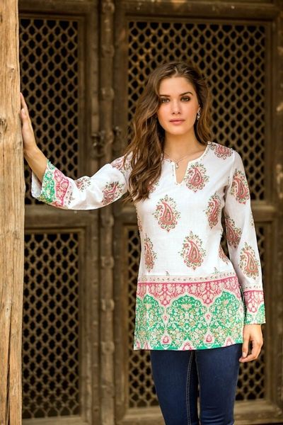 Alternate image for Cotton Block Print Tunic with Beadwork and Sequins Beautiful Jaipur