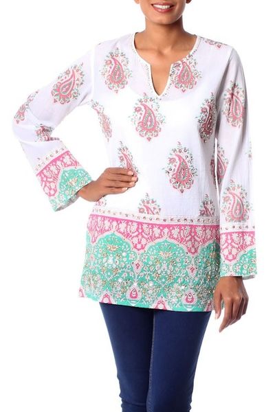 Alternate image for Cotton Block Print Tunic with Beadwork and Sequins Beautiful Jaipur