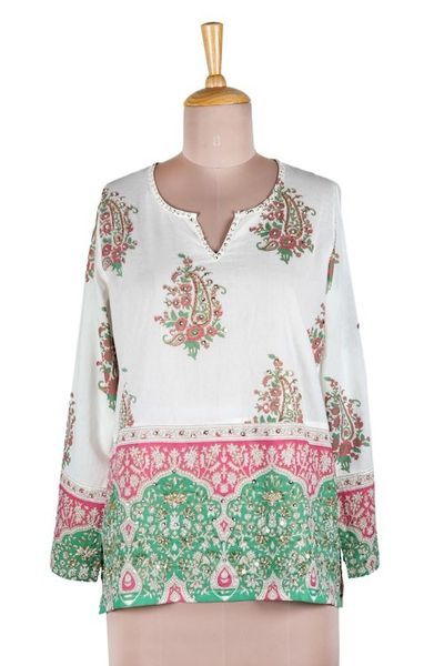 Alternate image for Cotton Block Print Tunic with Beadwork and Sequins Beautiful Jaipur
