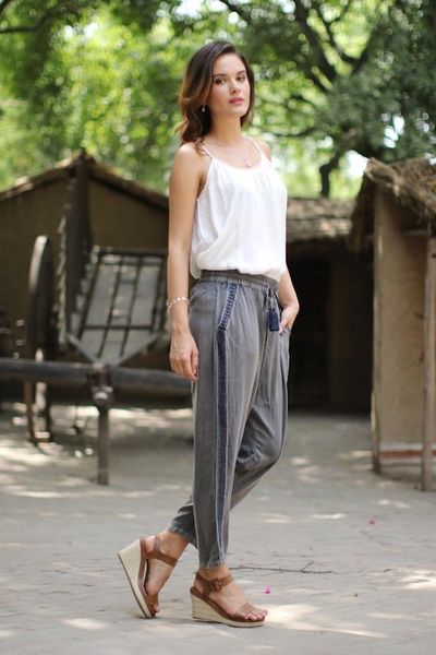 Alternate image for Dusty Grey Viscose Pants with Navy Accents from India Navy Sophistication