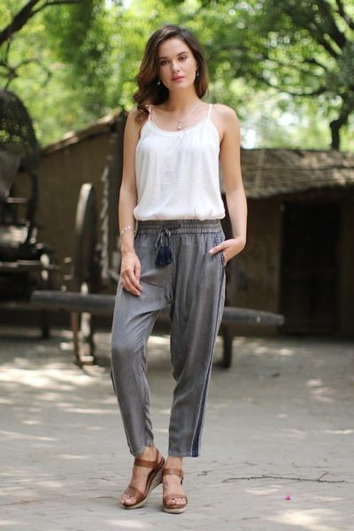 Alternate image for Dusty Grey Viscose Pants with Navy Accents from India Navy Sophistication