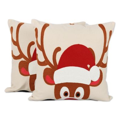 Alternate image for Reindeer-Themed Cotton Cushion Covers from India Pair Whimsical Reindeer