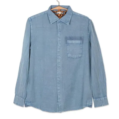 Alternate image for Mens Long-Sleeved Cotton Shirt in Denim Blue from India Bold Flair in Sky Blue
