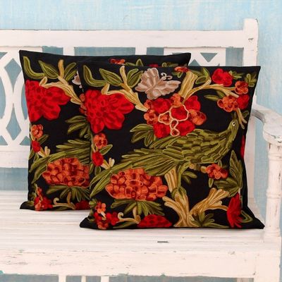 Alternate image for Chainstitch Embroidery Black Cotton Cushion Covers Pair Midnight in the Garden