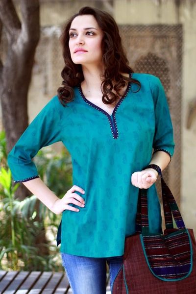 Alternate image for Cotton Tunic Top Embellished Blouse Block Print Hand Made Turquoise in Delhi